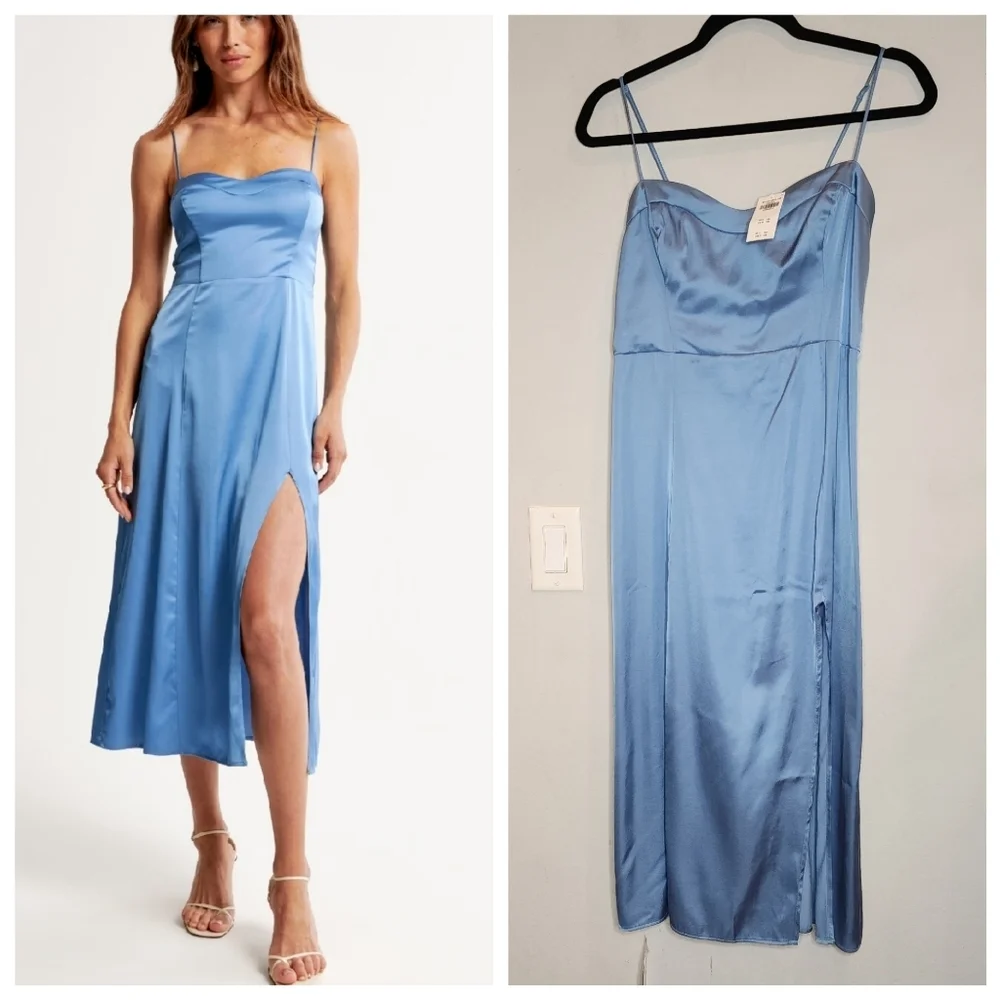NWT Abercrombie Camille Blue Satin Smocked Sleeveless Midi Dress Size MP
